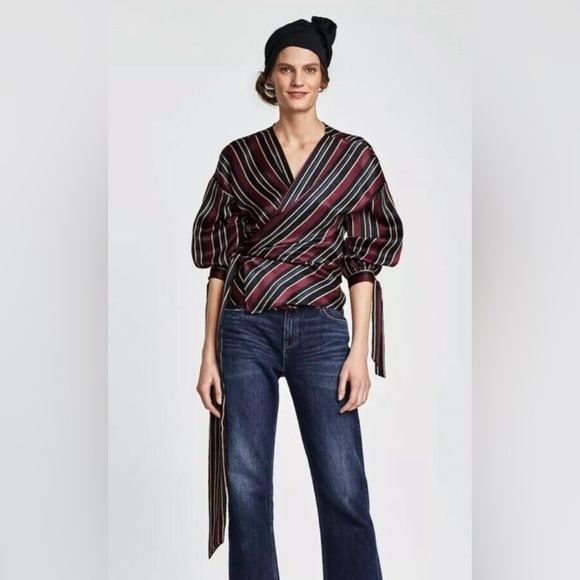 ZARA | Silky Satin Red Black Stripe Kimono Style Wrap - Picture 15 of 16